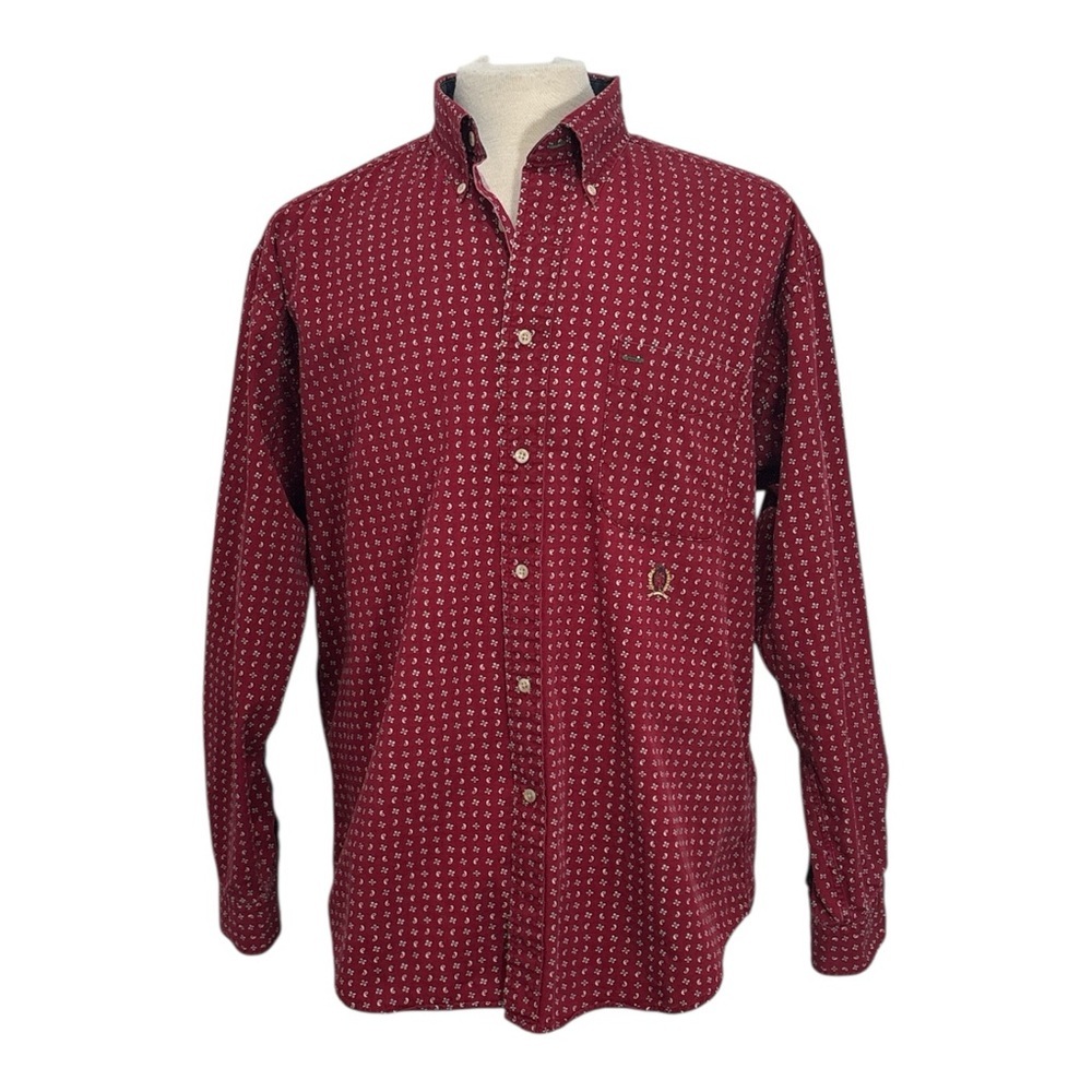 Vintage Tommy Hilfiger Men’s Large Shirt 90’s Burgundy Button Down Print Crest